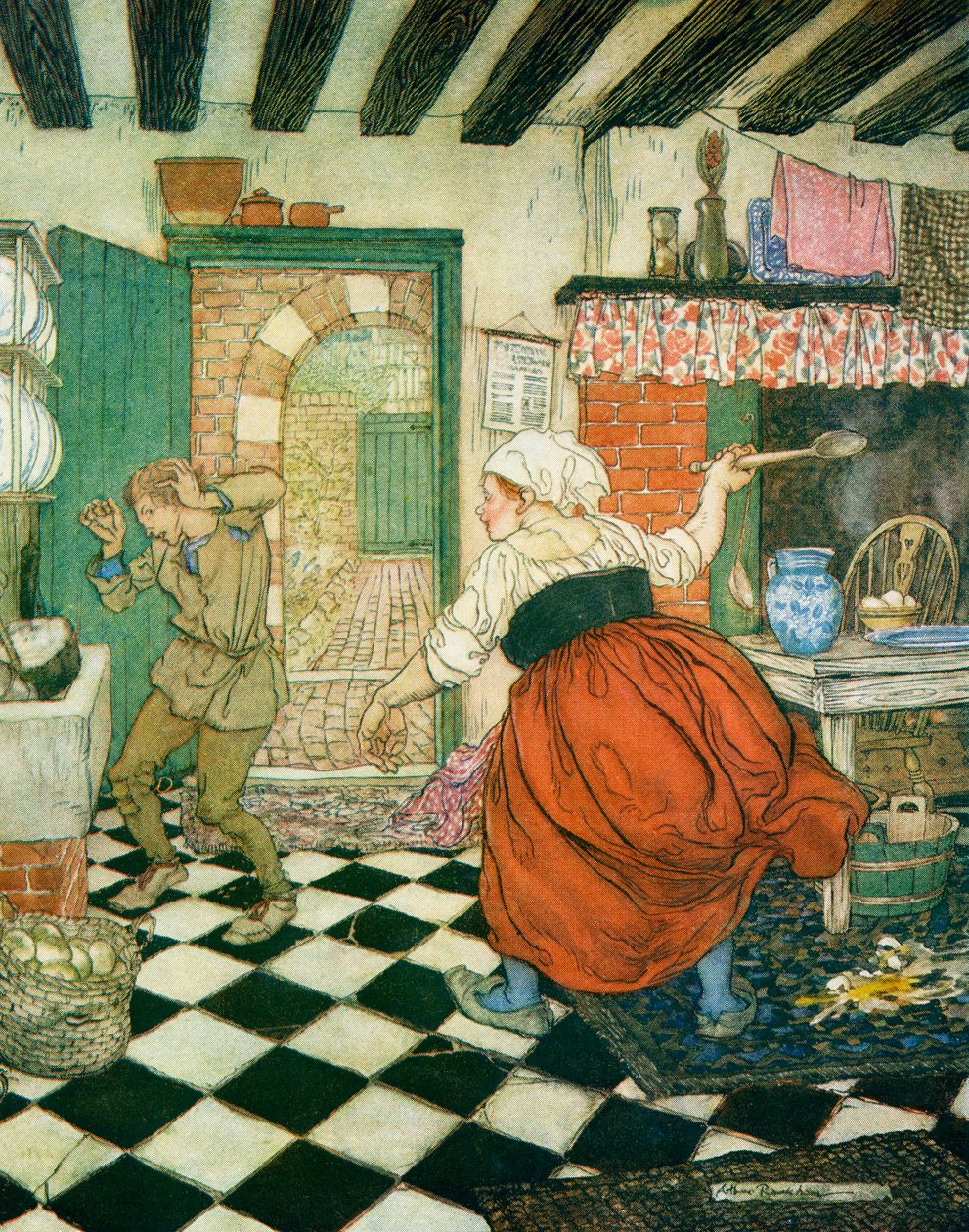 Vele slagen kreeg hij van de bezemsteel of pollepel, illustratie bij Dick Whittington en zijn kat, uit Engelse sprookjes naverteld door F.A. Steel, 1927 door Arthur Rackham