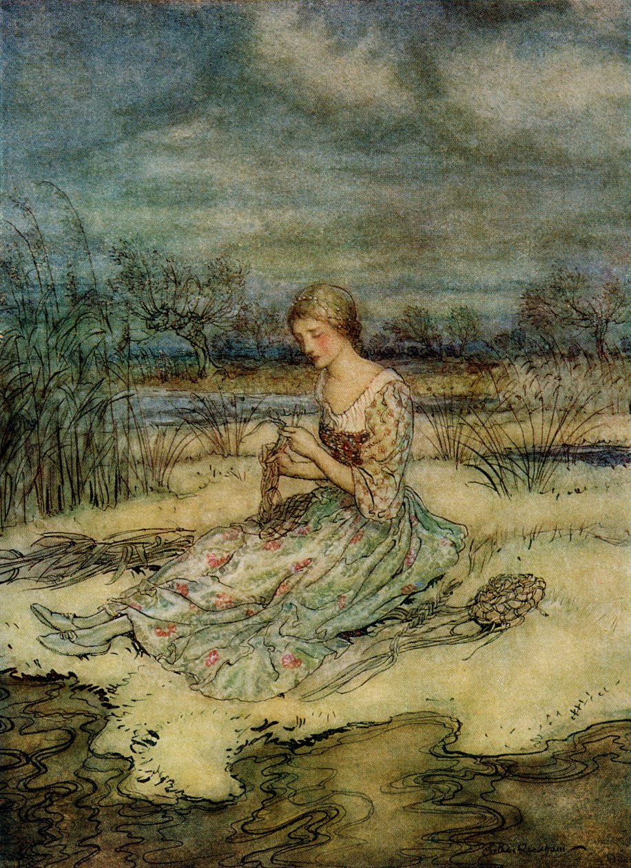 Ze ging zitten en vlocht een overall van biezen en een bijpassende muts, uit Engelse sprookjes naverteld door F.A. Steel, 1927 door Arthur Rackham