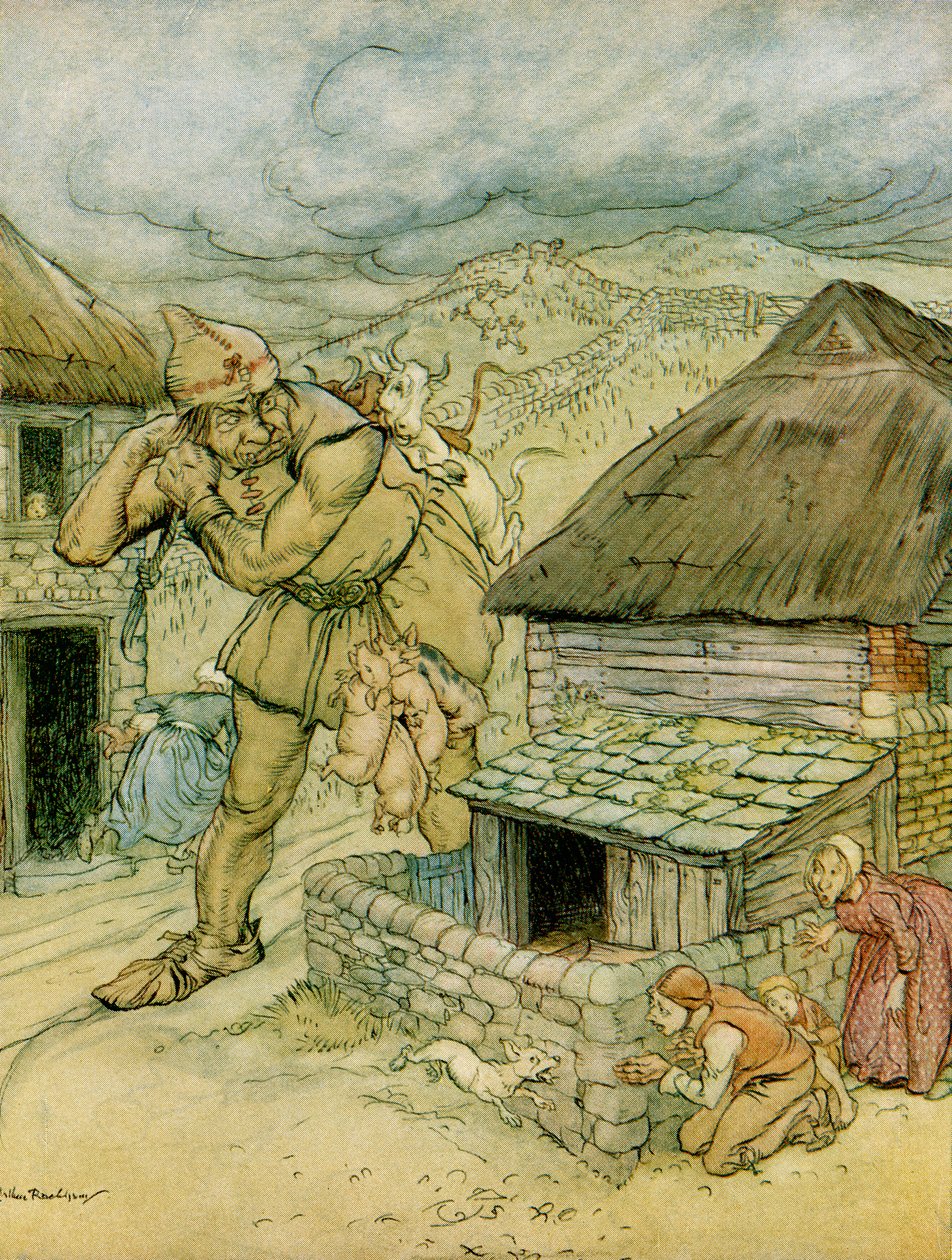 De reus Cormoran was de schrik van het hele platteland, illustratie bij Jack de Reuzendoder uit Engelse Sprookjes naverteld door F.A. Steel, 1927 door Arthur Rackham