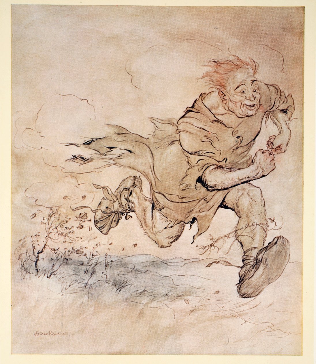 Het bonzen van zijn grote laarzen werd zo continu als het kletteren van hagelstenen op het dak, en de wind van zijn passage blies bomen omver, illustratie uit 