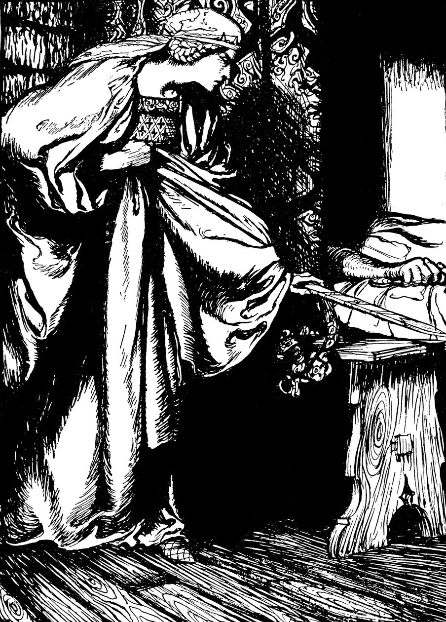 Morgan le Fay steelt Arthurs zwaard door Arthur (after) Rackham