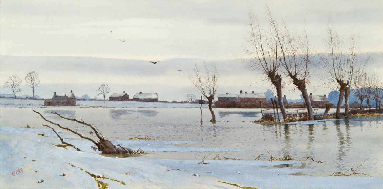 Winterlandschap met overstroomde rivier door Arthur Anderson Fraser