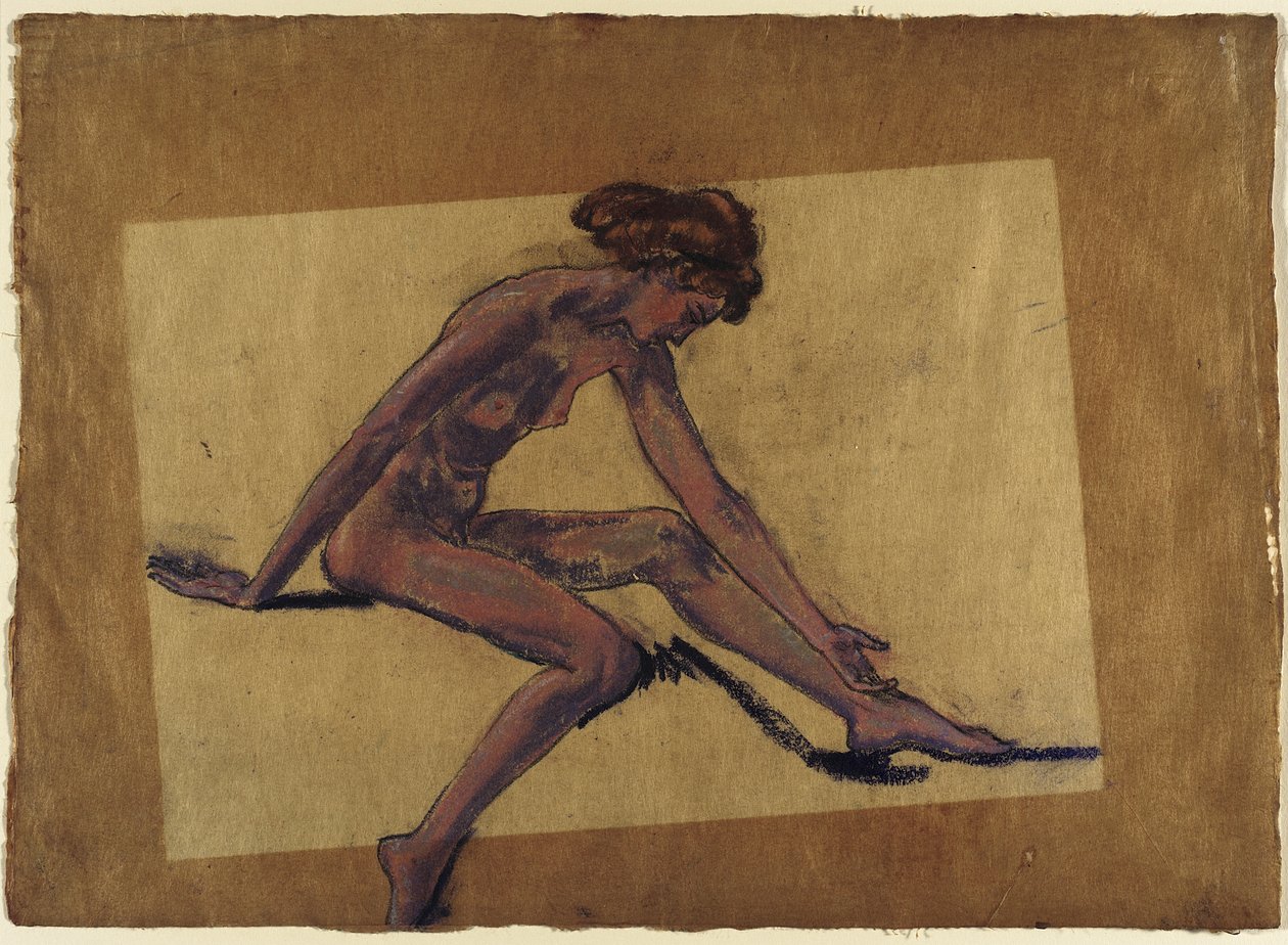 Sitzender weiblicher Akt im Profil, nach vorne gebeugt door Arthur Bowen Davies