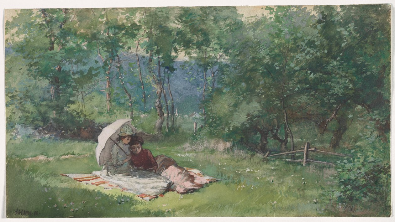 Twee vrouwen lezen in een veld door Arthur Bowen Davies