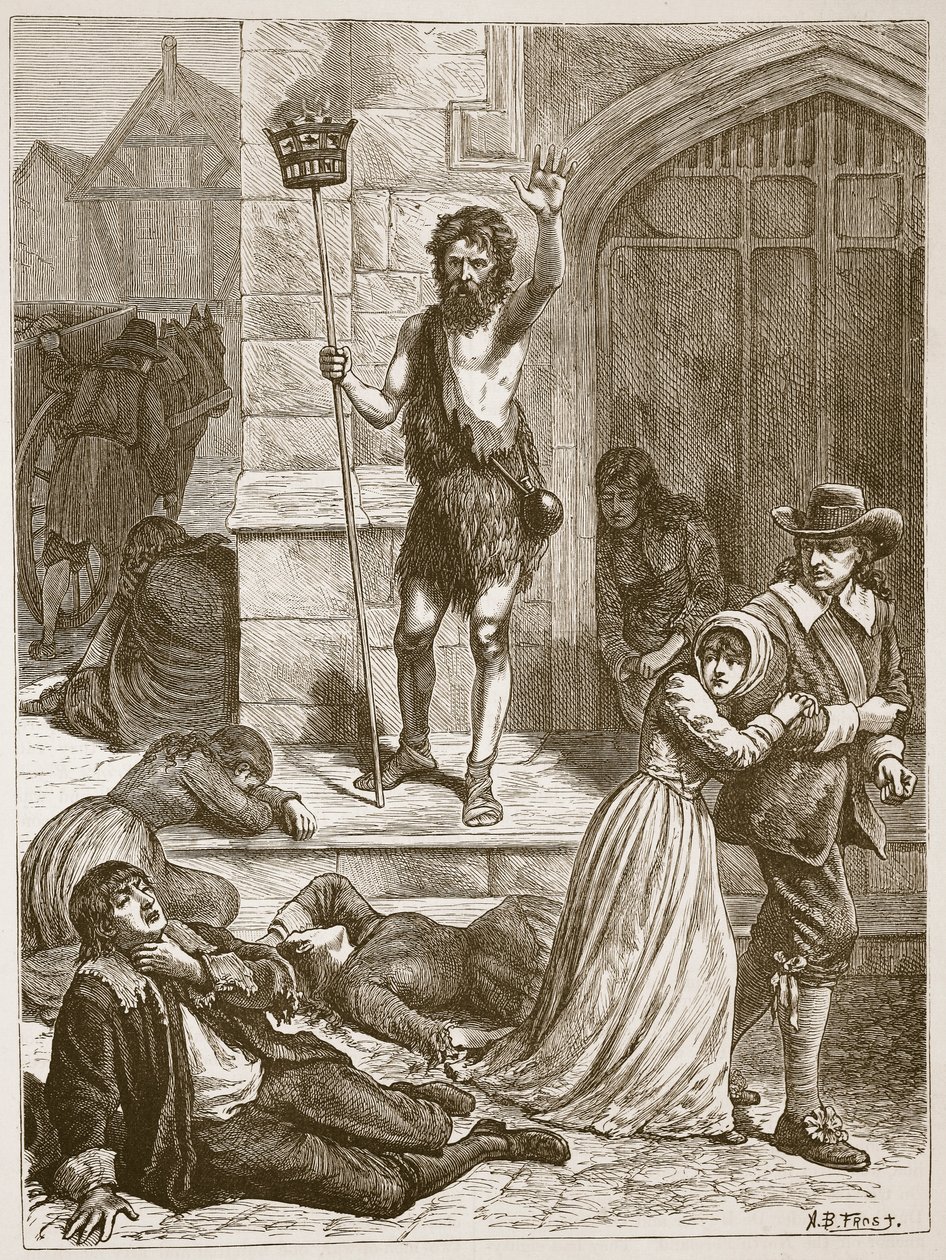 De maniak die het vonnis van Londen uitspreekt tijdens de Grote Pest, illustratie uit 