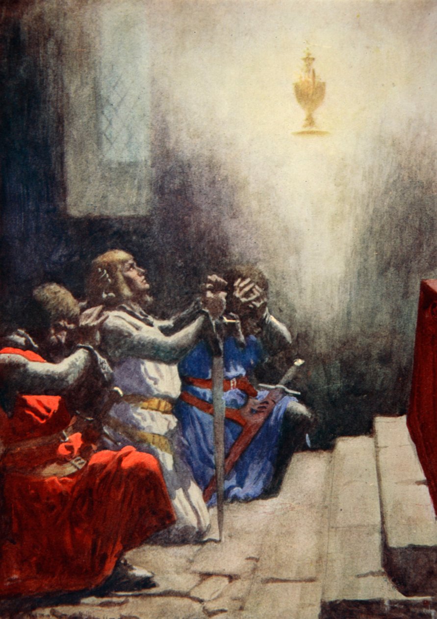 Galahad kon alleen de perfecte schoonheid van de Heilige Graal zien, c.1925 door Arthur C. (after) Michael