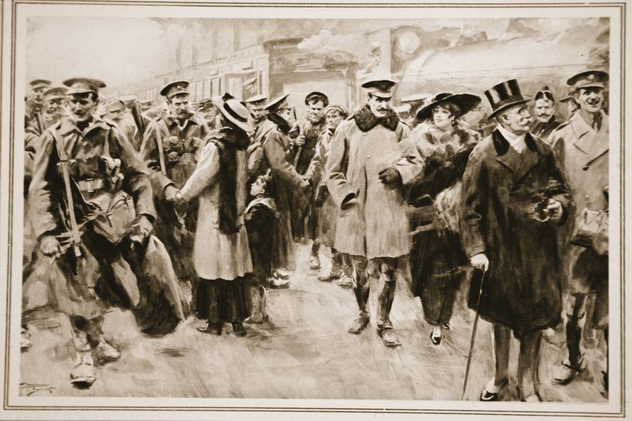 Het weekend weg van het front: Britse officieren en mannen op kort verlof uit de loopgraven arriveren op Victoria, uit 