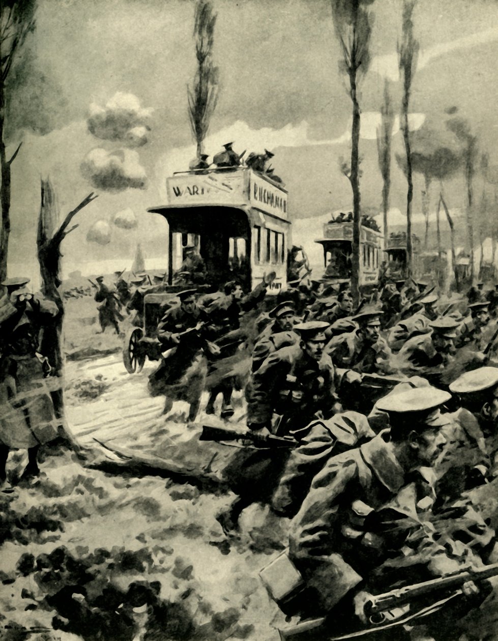 Londense bussen gebruikt om troepen naar het front te vervoeren, Eerste Wereldoorlog, 1914-1918, ca. 1920 door Arthur C. Michael