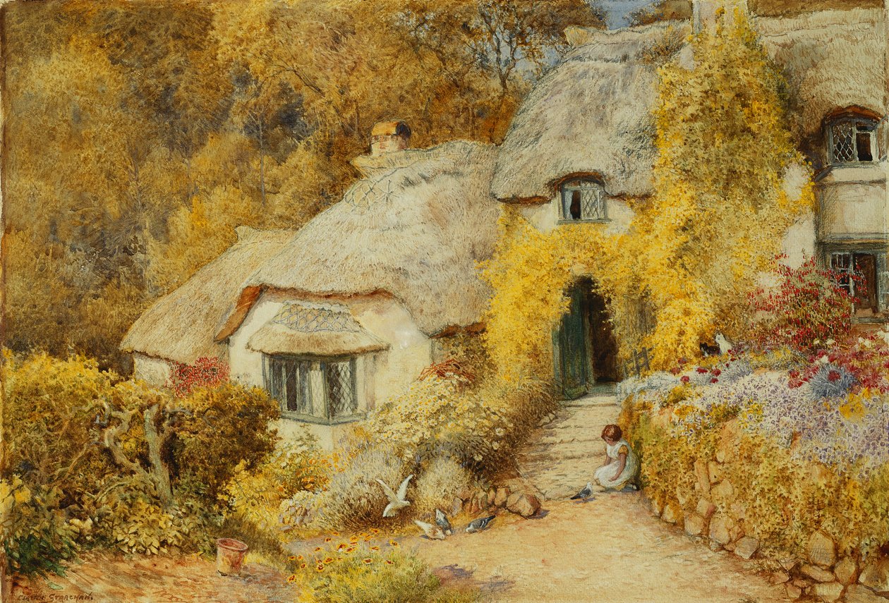 Huisjes in Selworthy, Somerset door Arthur Claude Strachan
