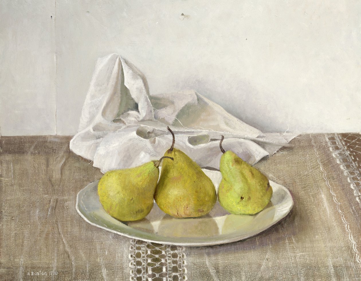Drie Peren op een Bord, Stilleven door Arthur Easton