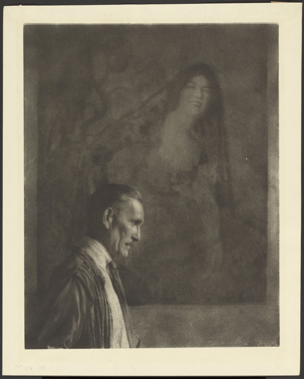 [Man met kleine, verzorgde snor in profiel voor een schilderij van een vrouw gekleed in Spaanse klederdracht]. door Arthur F. Kales