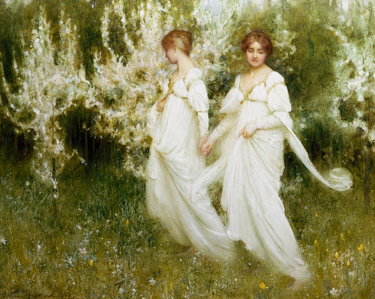 "Onschuld" Twee vrouwen gekleed in het wit, symbool voor onschuld en zuiverheid, wandelen in een tuin. Schilderij van Arthur Hacker (1858-1919) (pre-raphaeliet) Privécollectie door Arthur Hacker
