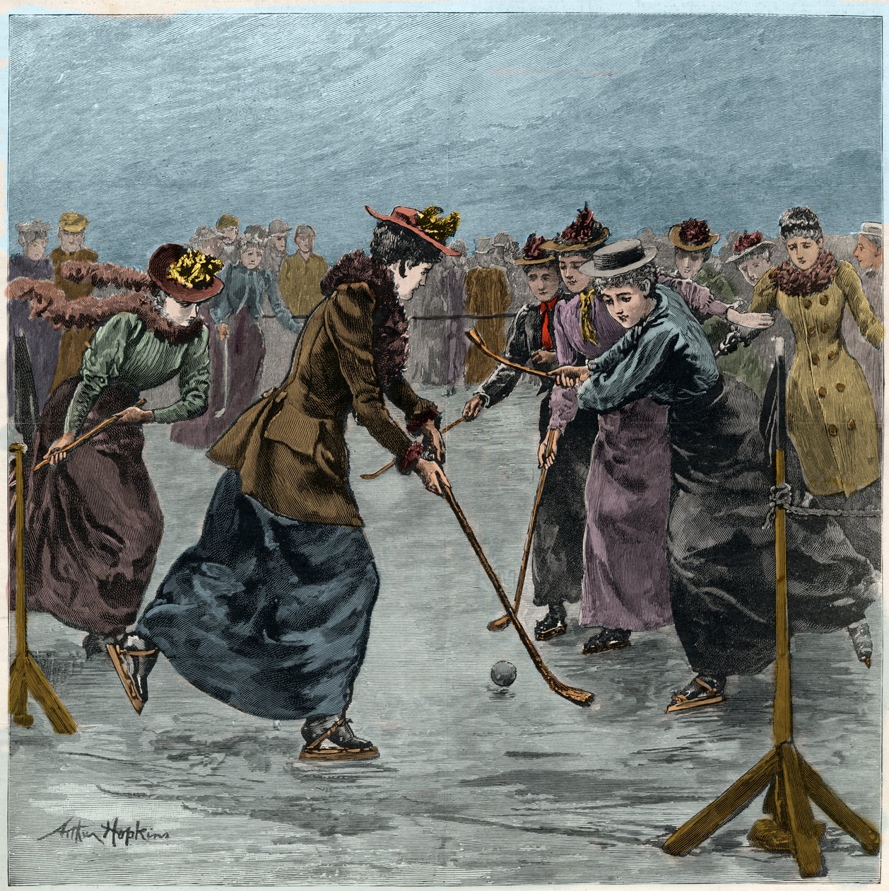IJshockey: een dameswedstrijd op het meer in Wimbledon Park. (later ingekleurd). door Arthur Hopkins