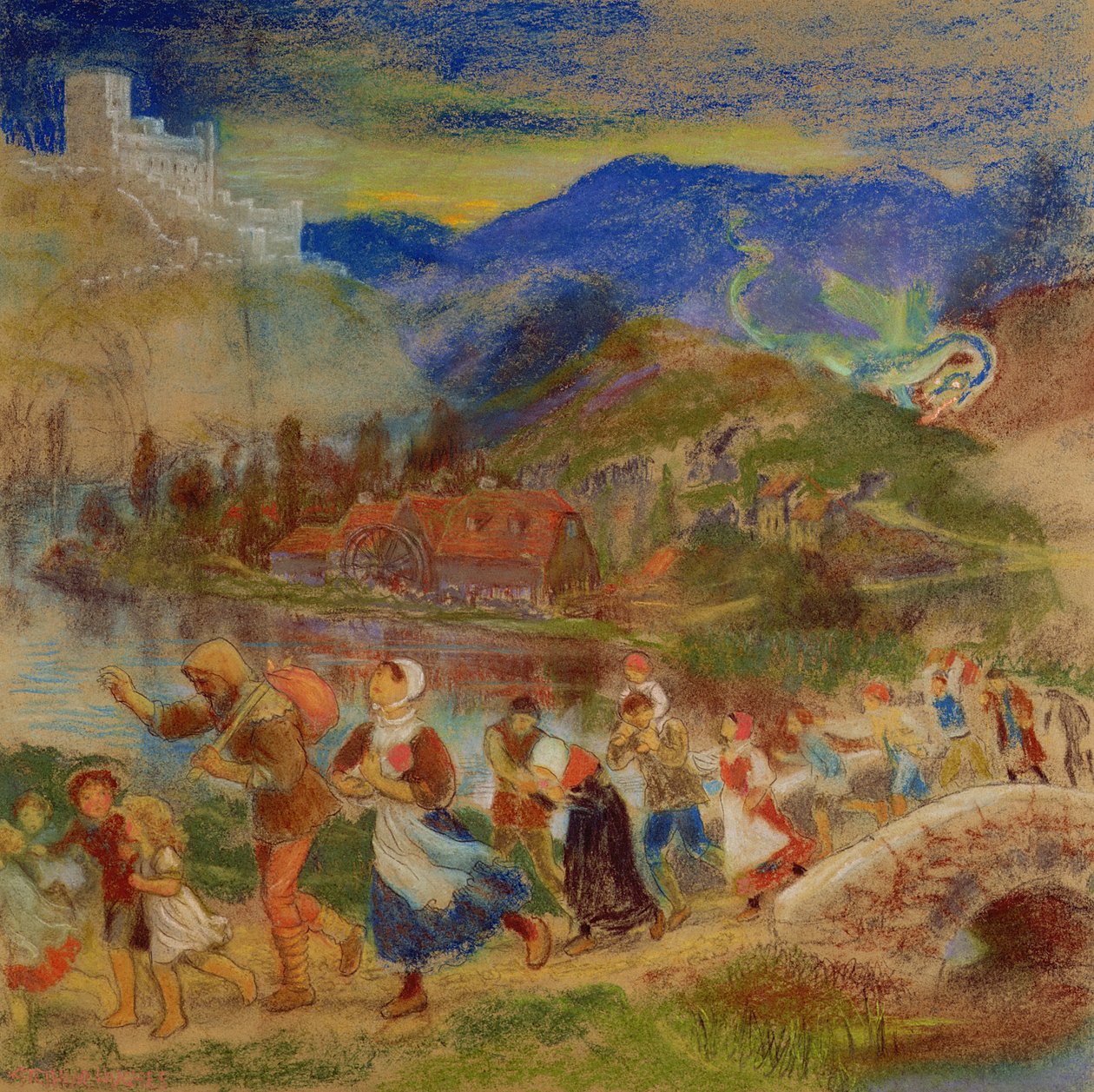 Dorpelingen vluchten voor een draak door Arthur Hughes