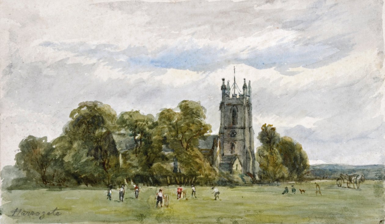 Cricket op de Stray, voor de Christ Church, High Harrogate door Arthur J. Stark