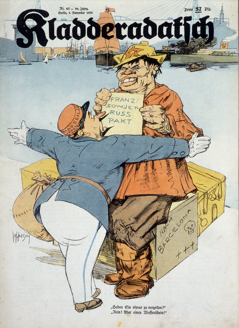 Duitse cartoon over de Frans-Sovjet overeenkomsten (Franse douanebeambte en Russische matroos:" Heeft u iets aan te geven Nee! Alleen wapens!" (Context van de Spaanse oorlog), "Kladderadatsch" 8/11/1936, ill. door Arthur Johnson (1874-1954). door Arthur Johnson
