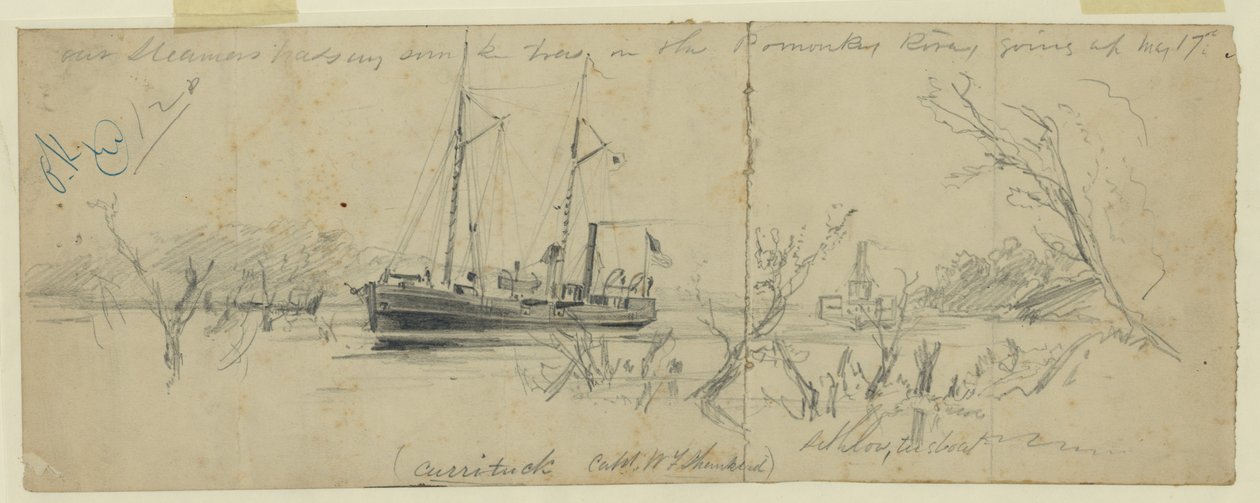 Onze stoomschepen passeren gezonken bomen in de Pomonkey rivier door Arthur Lumley