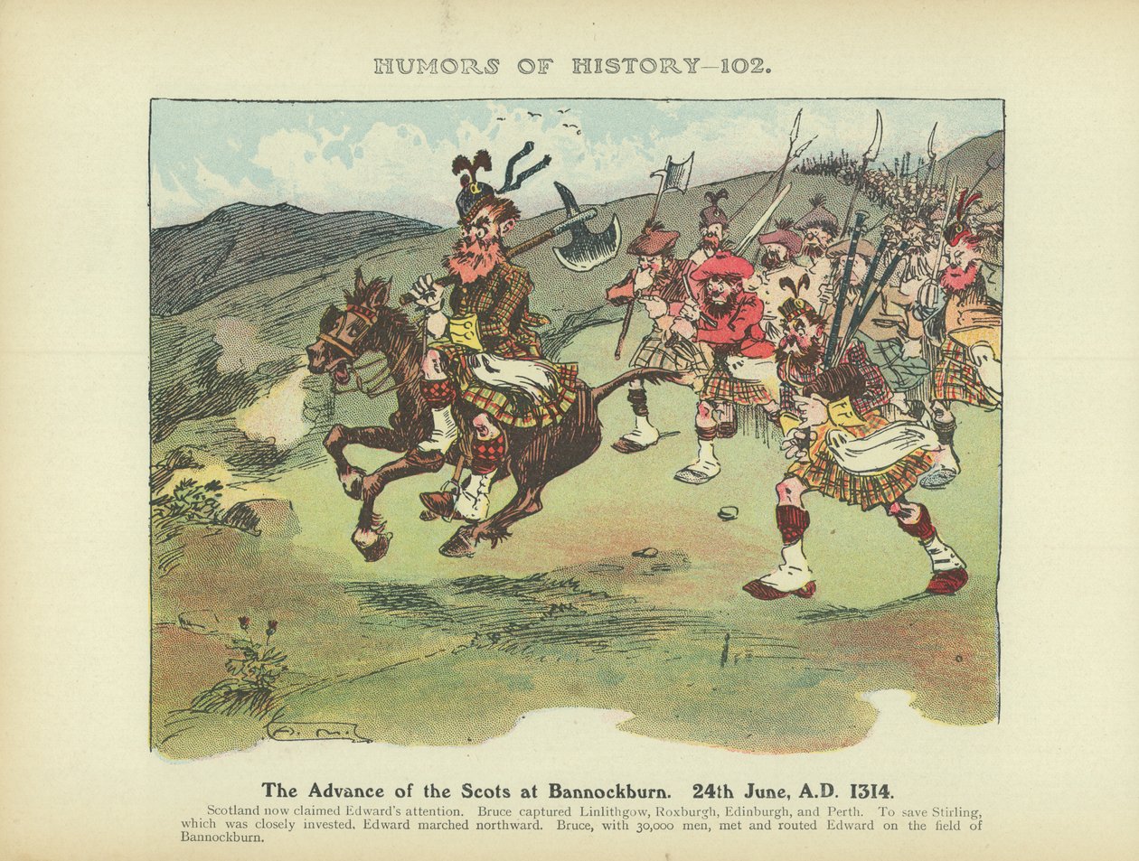 De opmars van de Schotten bij Bannockburn. 24 juni 1314 na Christus (kleurenlitho) door Arthur Moreland