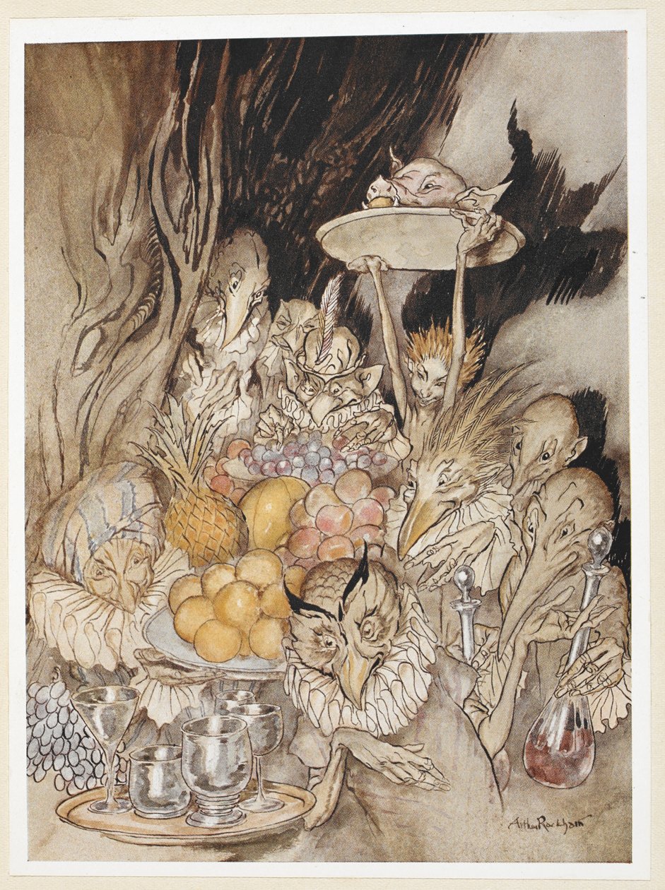 ACT III: Scene III, regel 19 Enter verschillende vreemde vormen, brengen een banket ... nodigen de koning, enz., uit om te eten. door Arthur Rackham