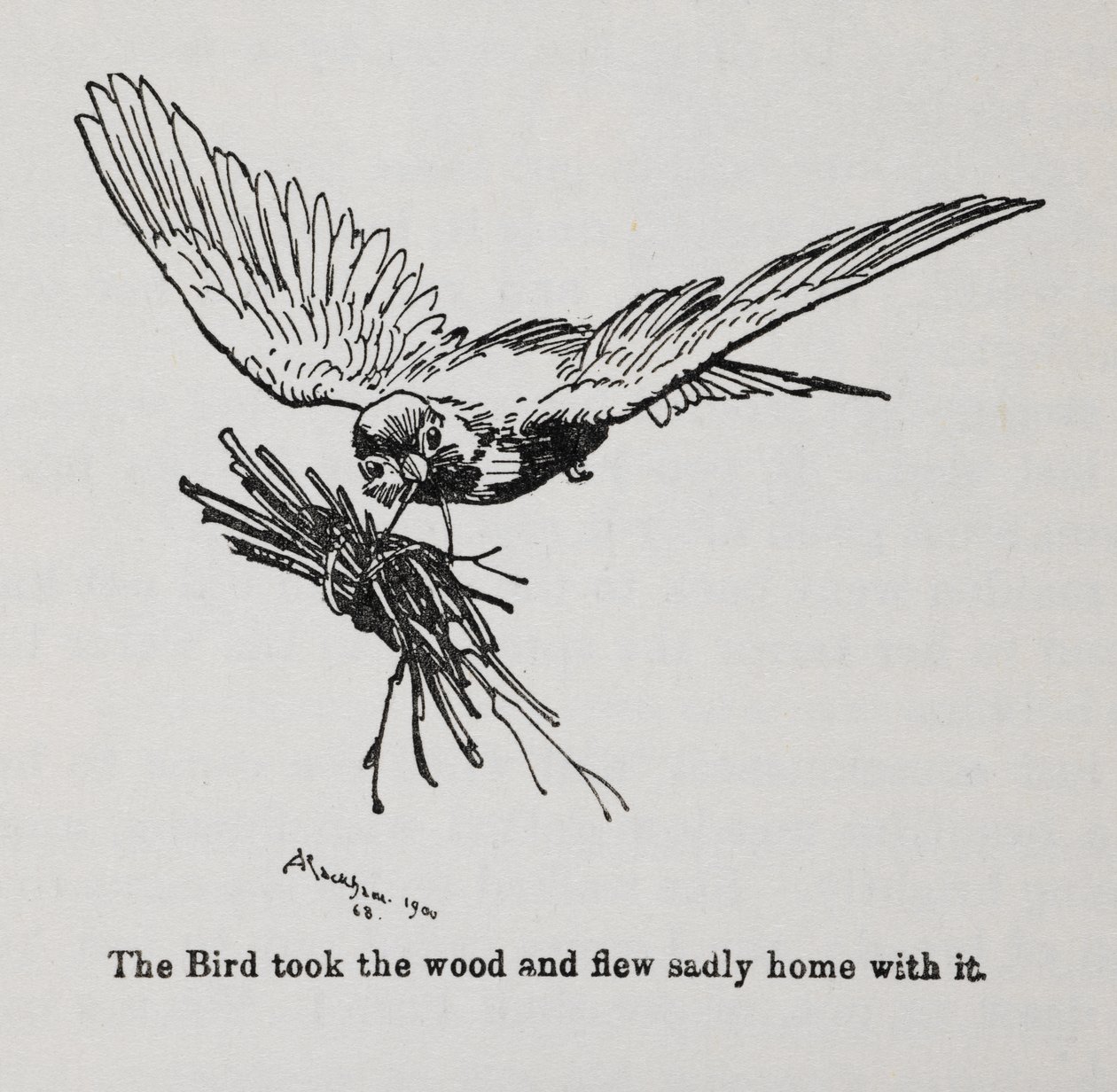 Een vogel die een bundel takken draagt door Arthur Rackham