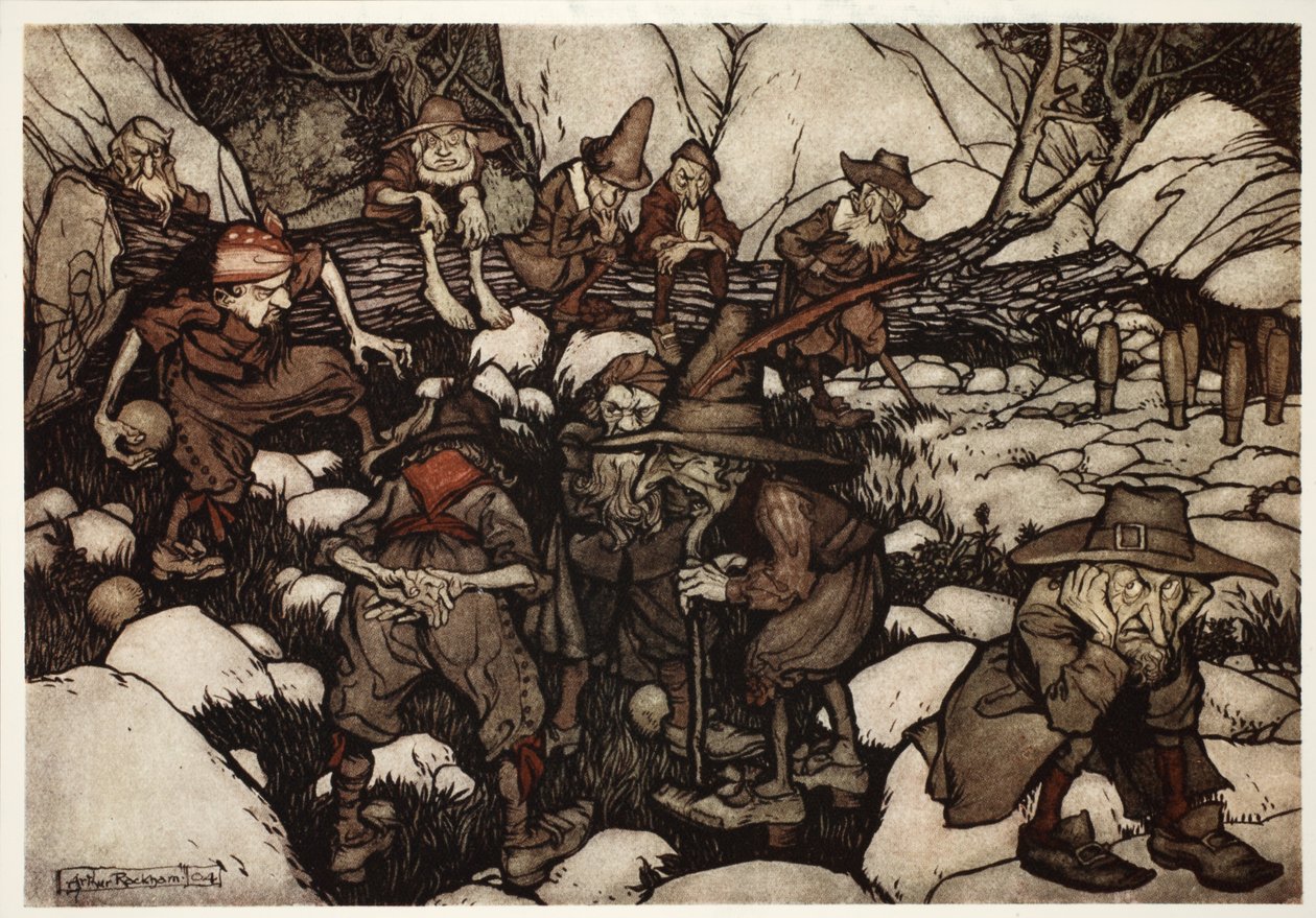 Een gezelschap van vreemd uitziende personen die kegelen., uit Rip Van Winkle door Washington Irving, uitgegeven 1910 door Arthur Rackham