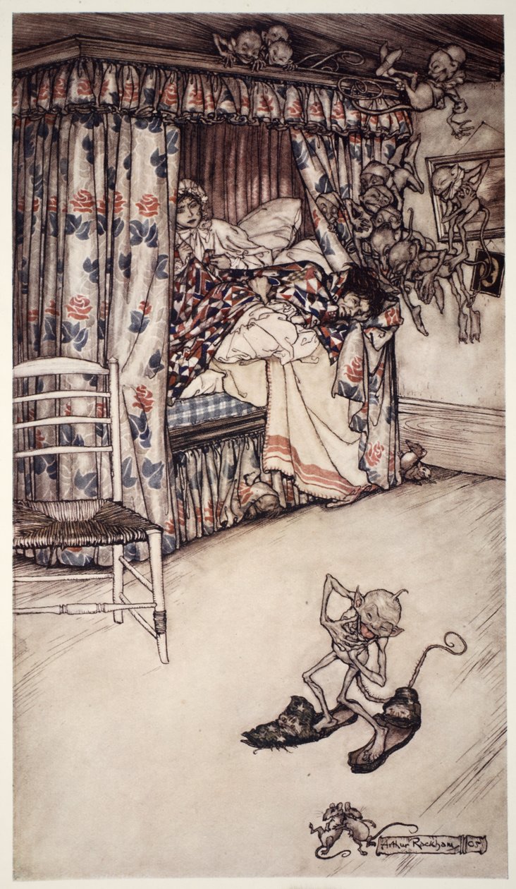 Een preek achter het gordijn is beter dan alle preken in de wereld om de deugden van geduld en lijdzaamheid te leren, uit Rip Van Winkle door Washington Irving, pub. 1910 door Arthur Rackham