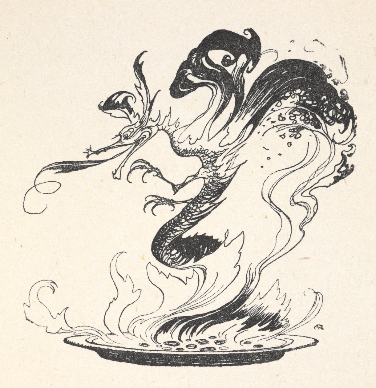 Een draak die uit een bord brandend geld komt door Arthur Rackham