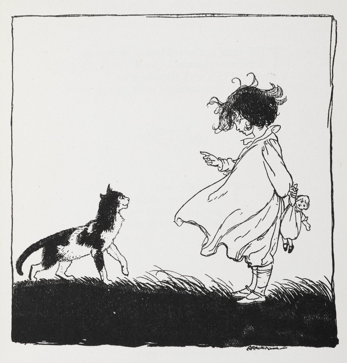 Een meisje met een pop berispt haar kat door Arthur Rackham