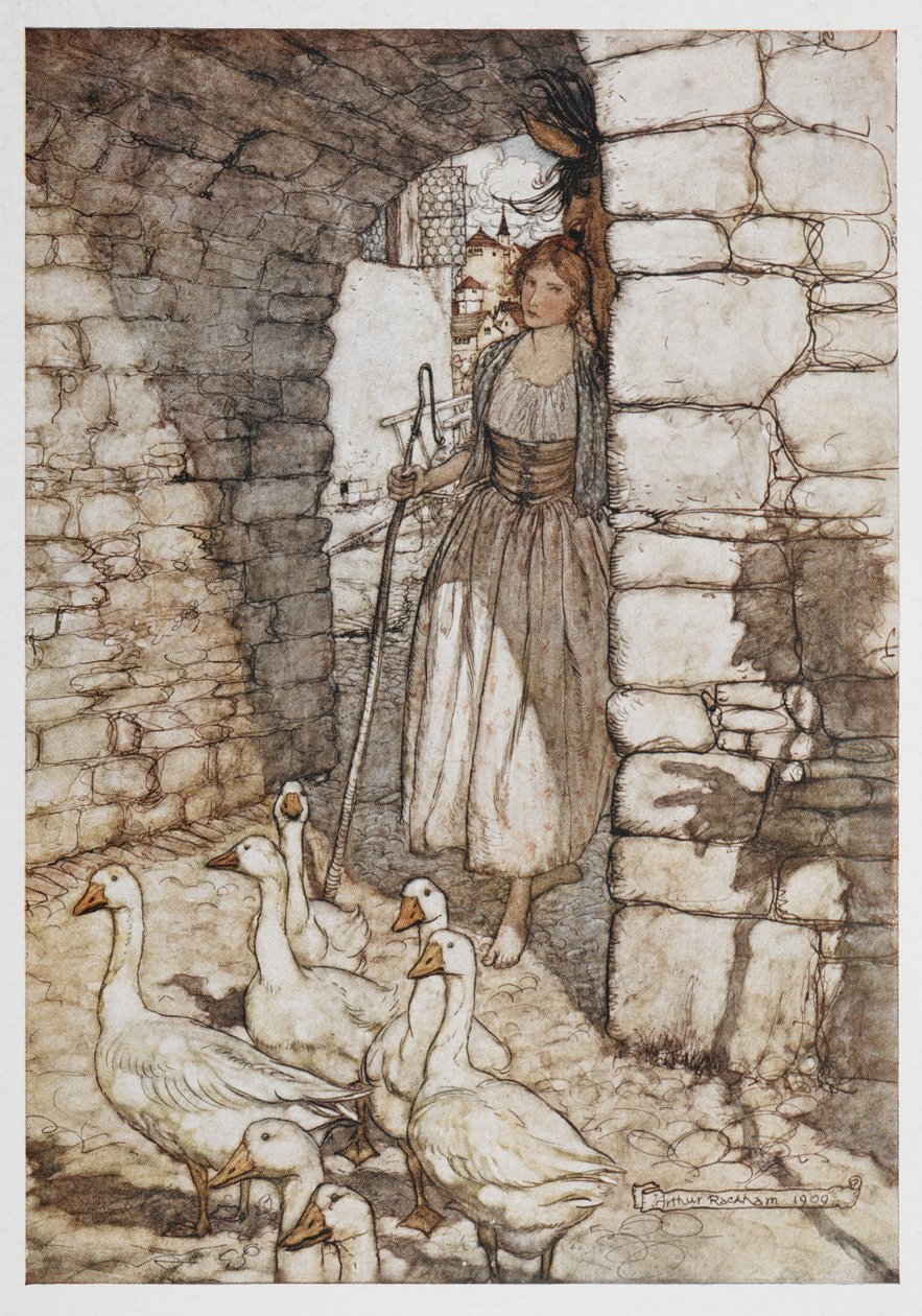 Een meisje met ganzen door Arthur Rackham
