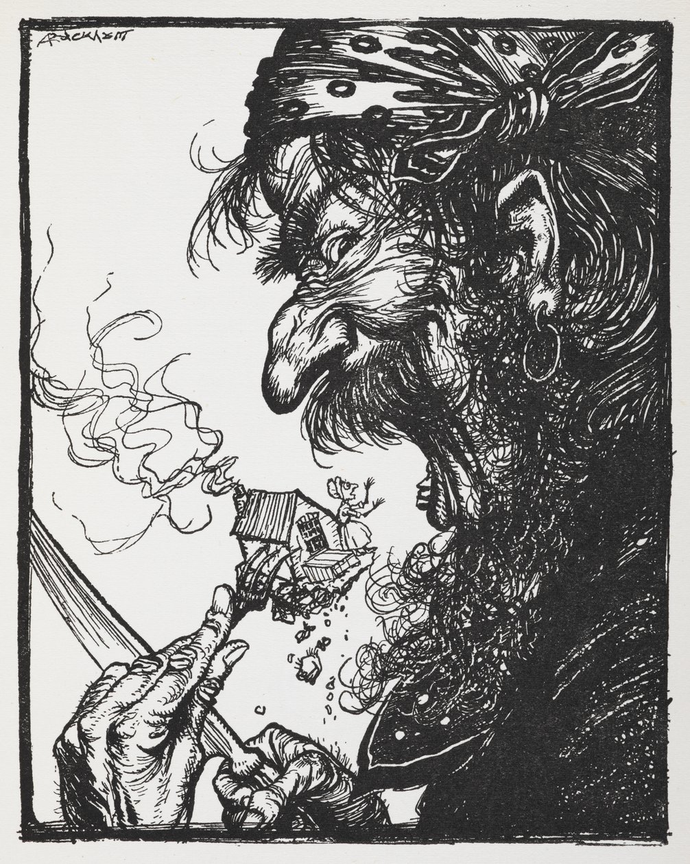 Een grote man eet een kleine dame en haar huis op door Arthur Rackham