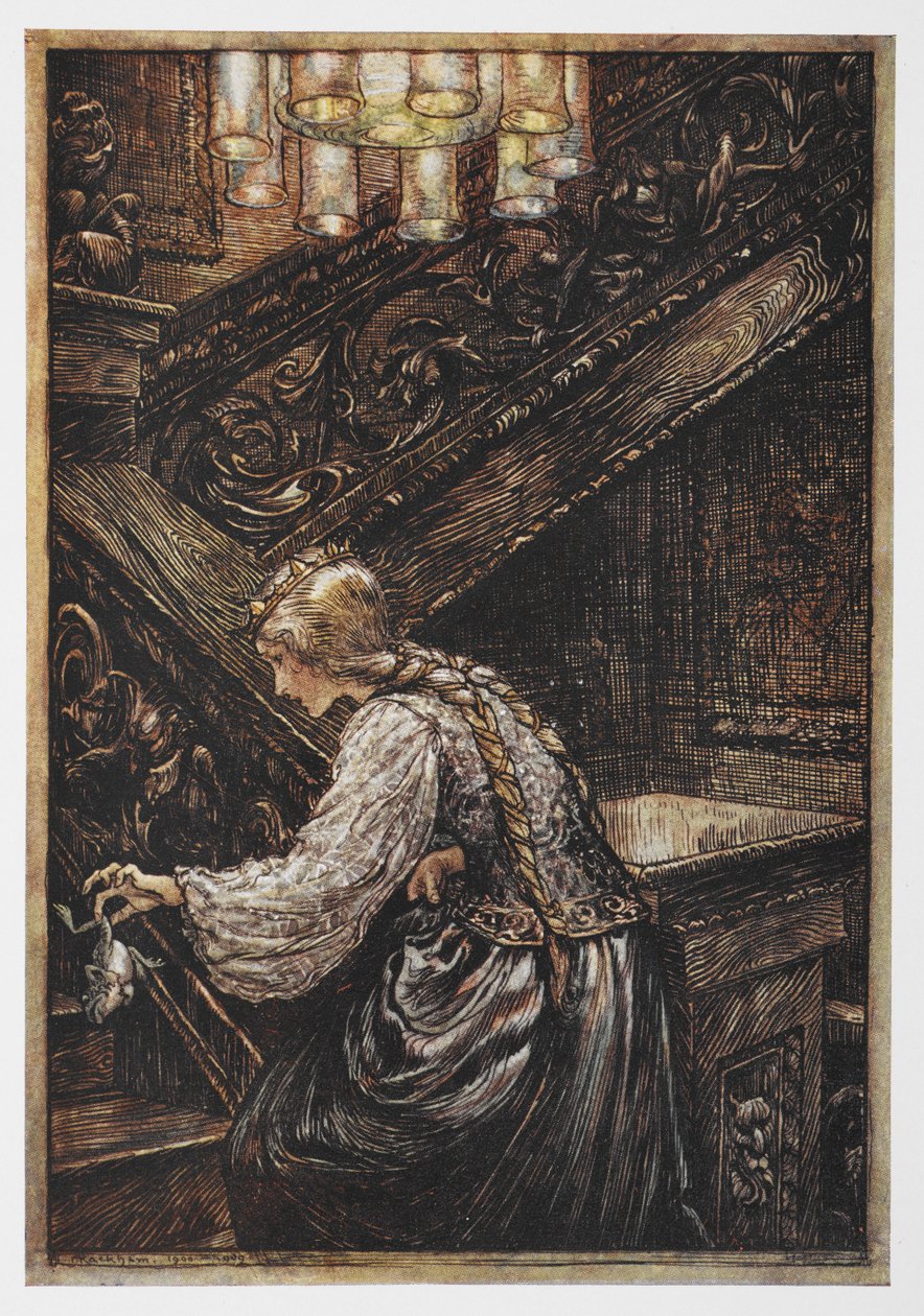 Een prinses die een kikker draagt uit De Kikkerkoning door Arthur Rackham