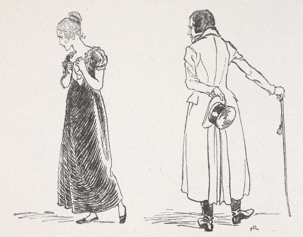 Een jong stel dat ruzie maakt, de vrouw heeft zich omgedraaid en klemt een zakdoek tegen haar borst door Arthur Rackham
