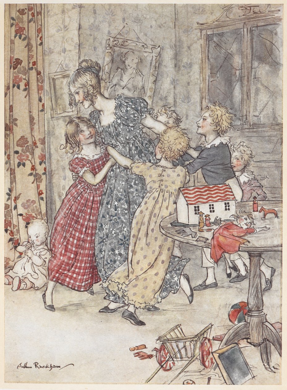 Een jonge vrouw en kinderen dansen in een speelkamer vol speelgoed door Arthur Rackham