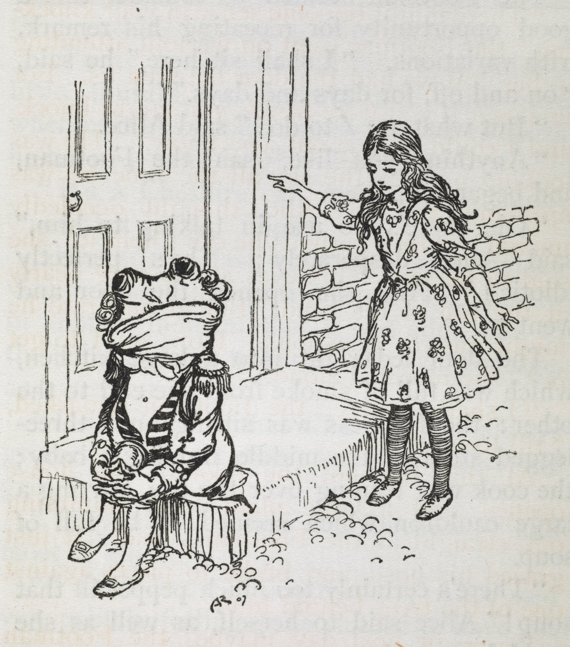 Alice en een kikker verkleed als lakei door Arthur Rackham