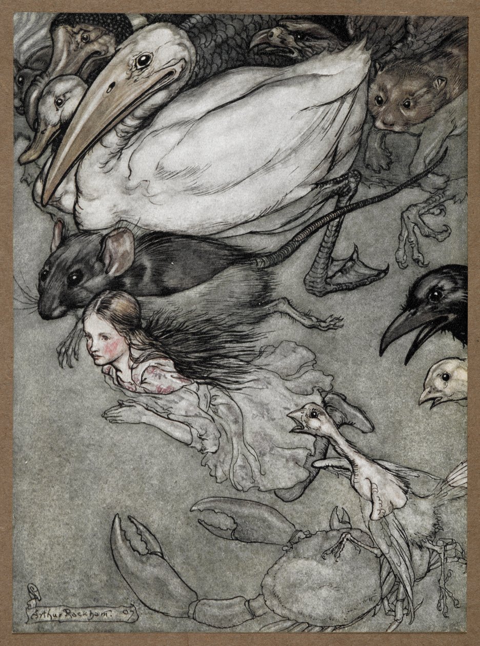 Alice en verschillende dieren zwemmen, waaronder een rat, een eend, een dodo, een kraai, een wezel, een krab en een kuiken. door Arthur Rackham
