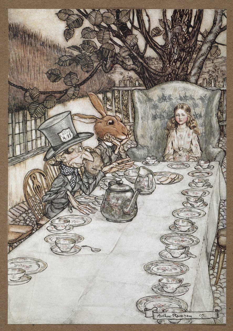 Alice bij het theekransje van de Gekke Hoedenmaker met de Maartse Haas, de Slaapmuis en de Gekke Hoedenmaker door Arthur Rackham