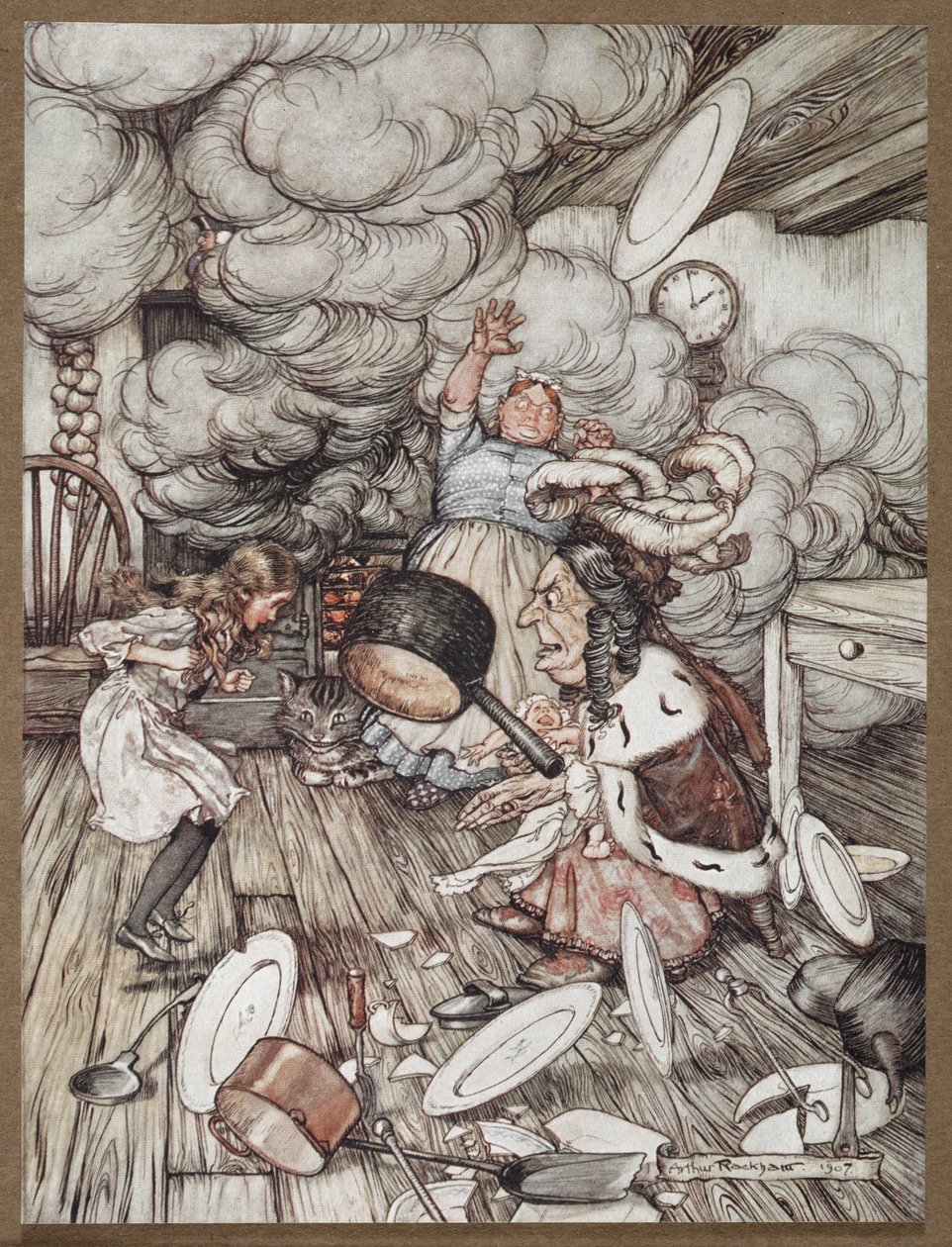 Alice in een keuken met de Hertogin, een kok en de Cheshire Cat door Arthur Rackham