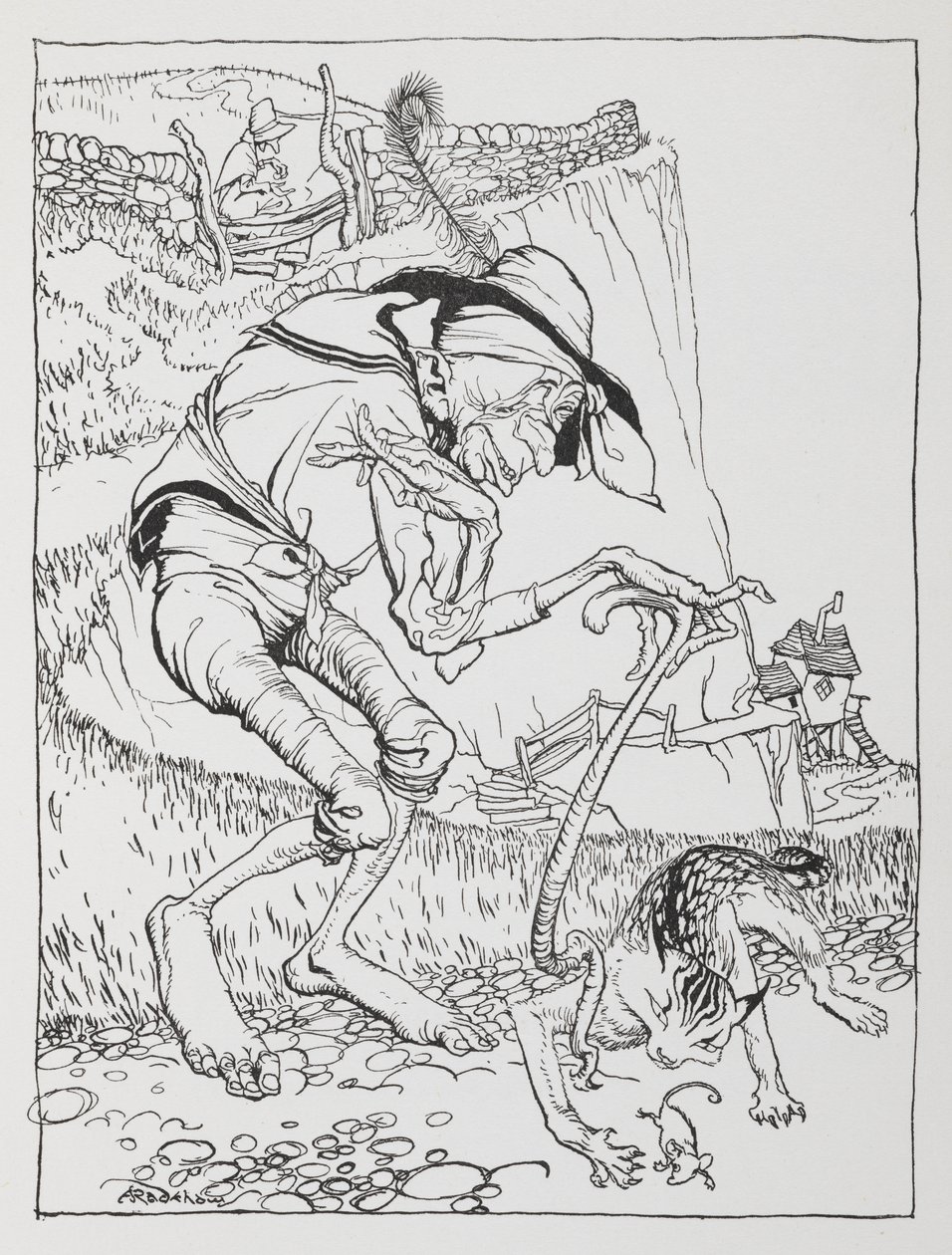 Een oude kromme man met zijn kromme kat en krom huis door Arthur Rackham