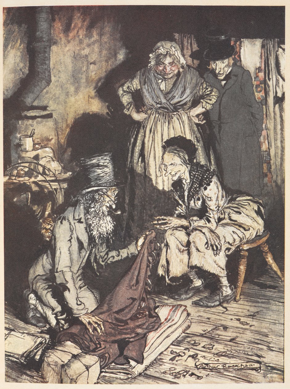 Een oude familie in hun huis met een man die hen gordijnen aanbiedt door Arthur Rackham