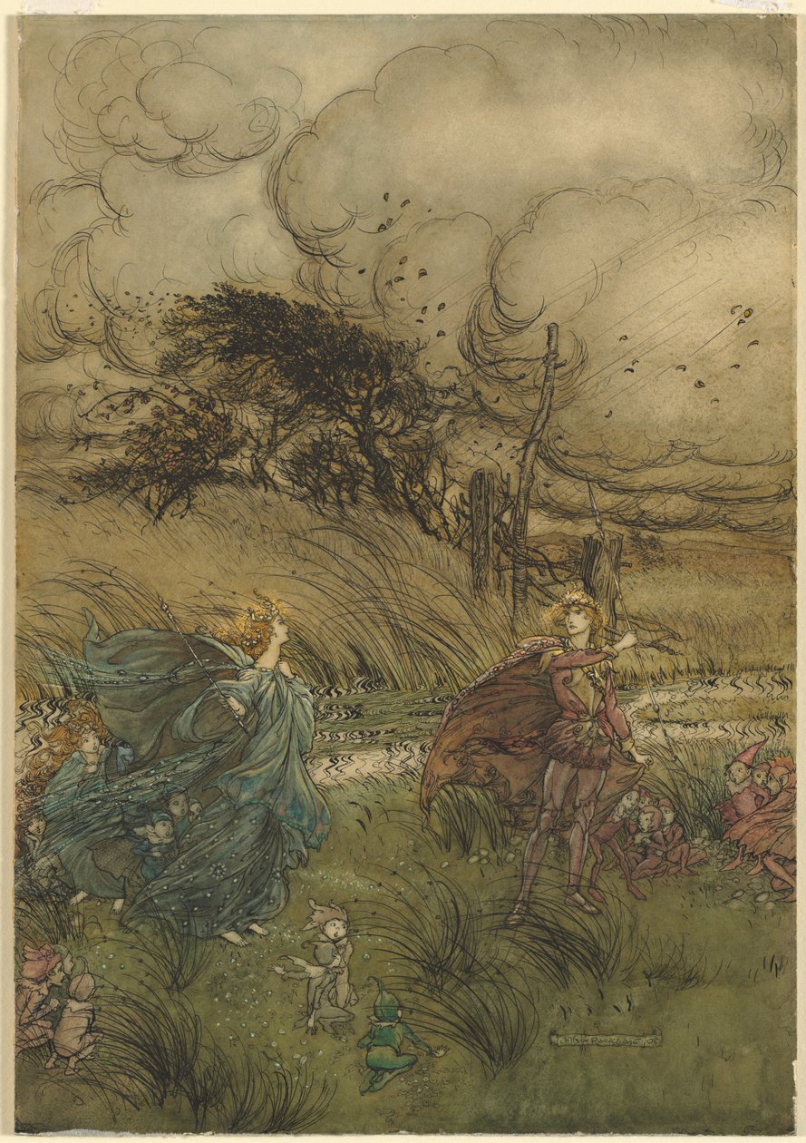 "En nu ontmoeten ze elkaar nooit in bos of groen," uit act 2, scène 1 van Een Midzomernachtsdroom door William Shakespeare door Arthur Rackham