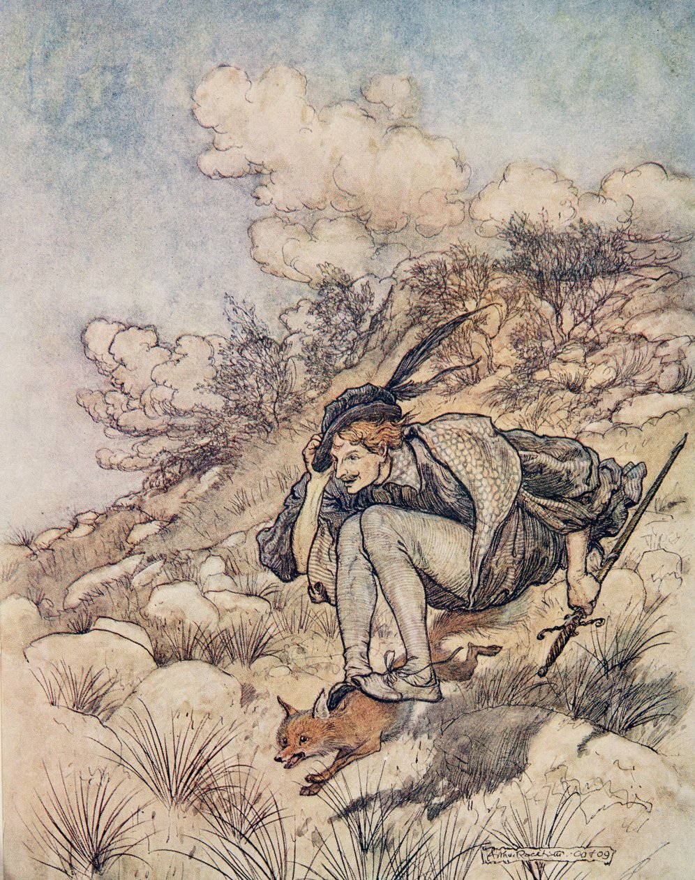 Weg vlogen ze over stok en steen, zo snel dat zijn haar in de wind floot, uit De Sprookjes van de Gebroeders Grimm, pub. 1909 door Arthur Rackham