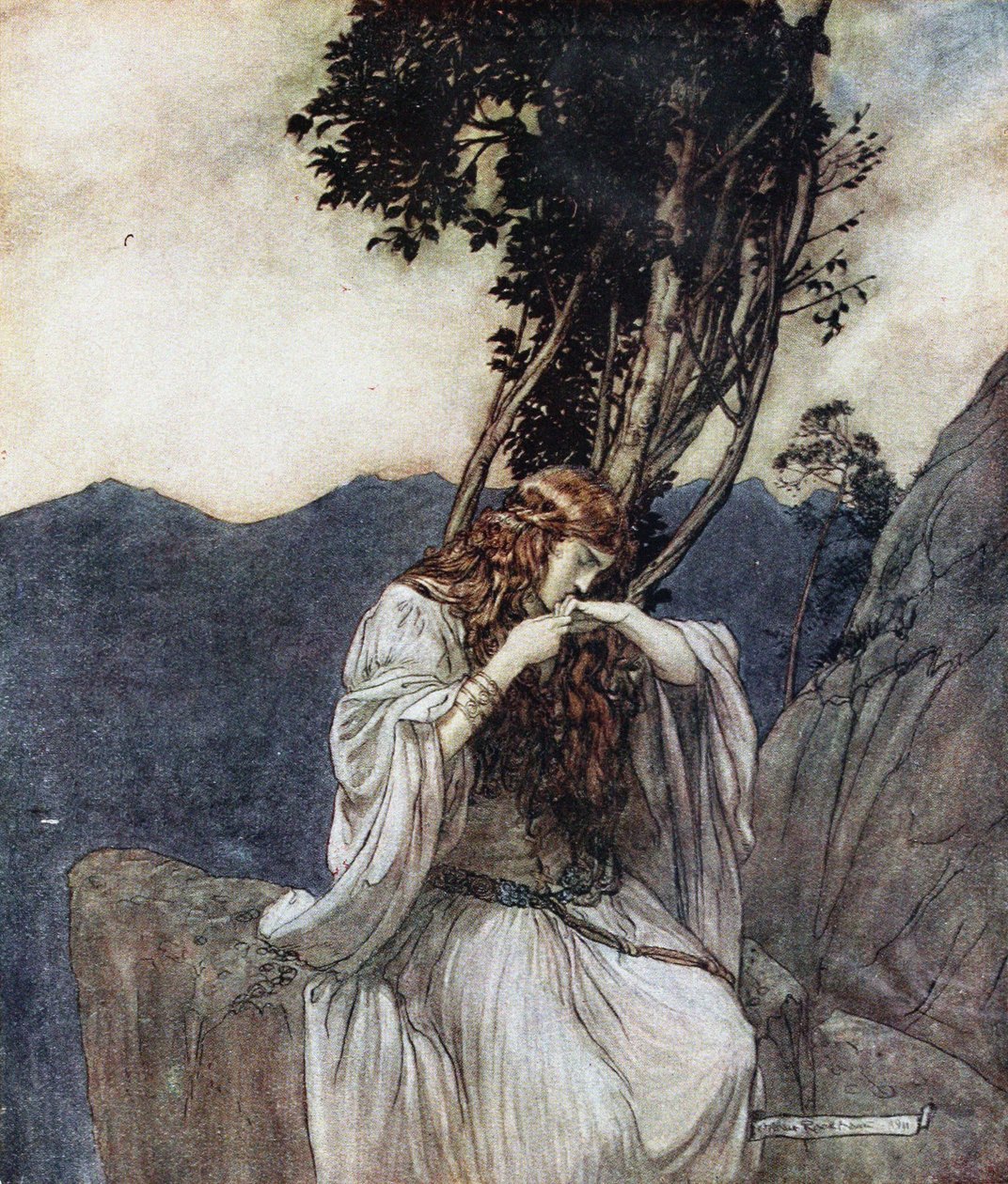 Brünnhilde kust de ring die Siegfried bij haar heeft achtergelaten. Illustratie voor Siegfried en de Twi door Arthur Rackham