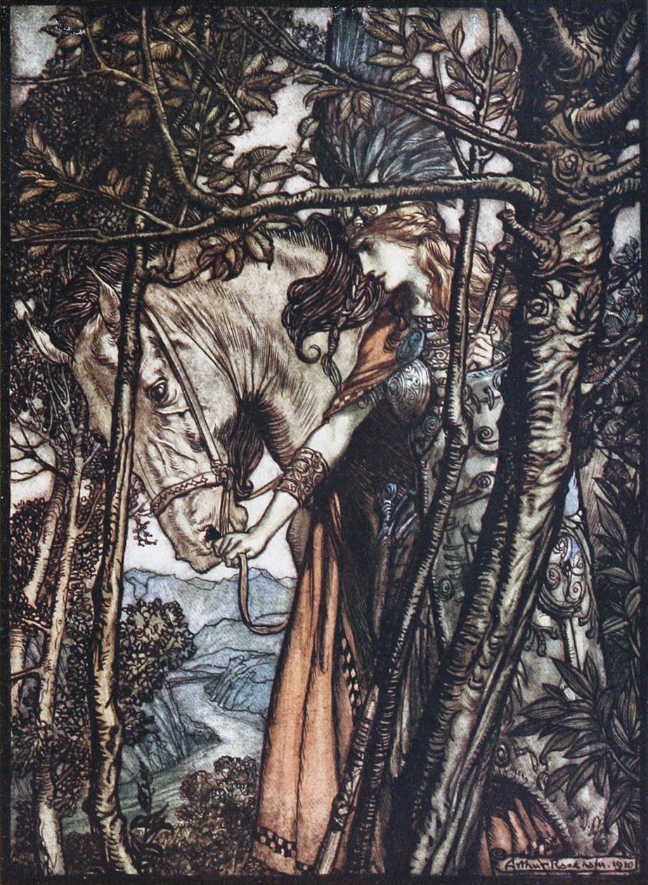 Brünnhilde leidt haar paard aan de teugel. Illustratie voor De Rijn en De Walkure door Richard Wagner door Arthur Rackham