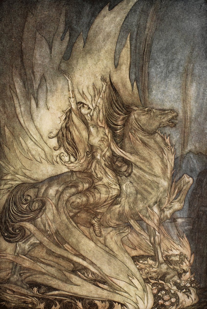 Brunnhilde op Grane springt op de brandstapel van Siegfried, illustratie uit 
