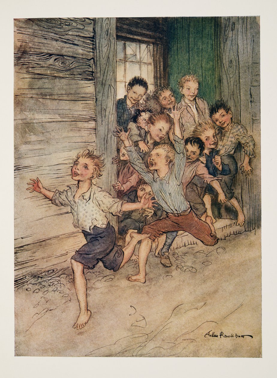 Uitbarstend als een legioen jonge duivels, uit De Legende van Sleepy Hollow door Washington Irving (1783 - 1859), pub. 1928 door Arthur Rackham
