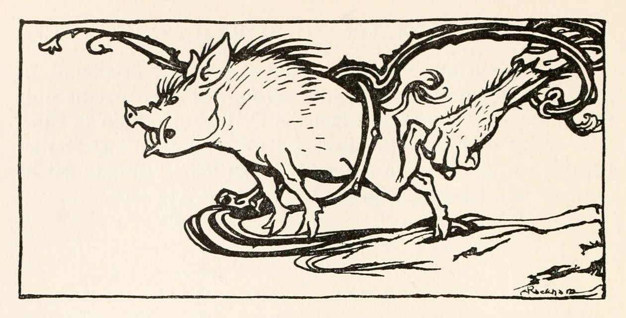 Carl vangt een wild zwijn voor zijn avondeten, uit The Carl of the Drab Coat in Irish Fairy Tales door Arthur Rackham