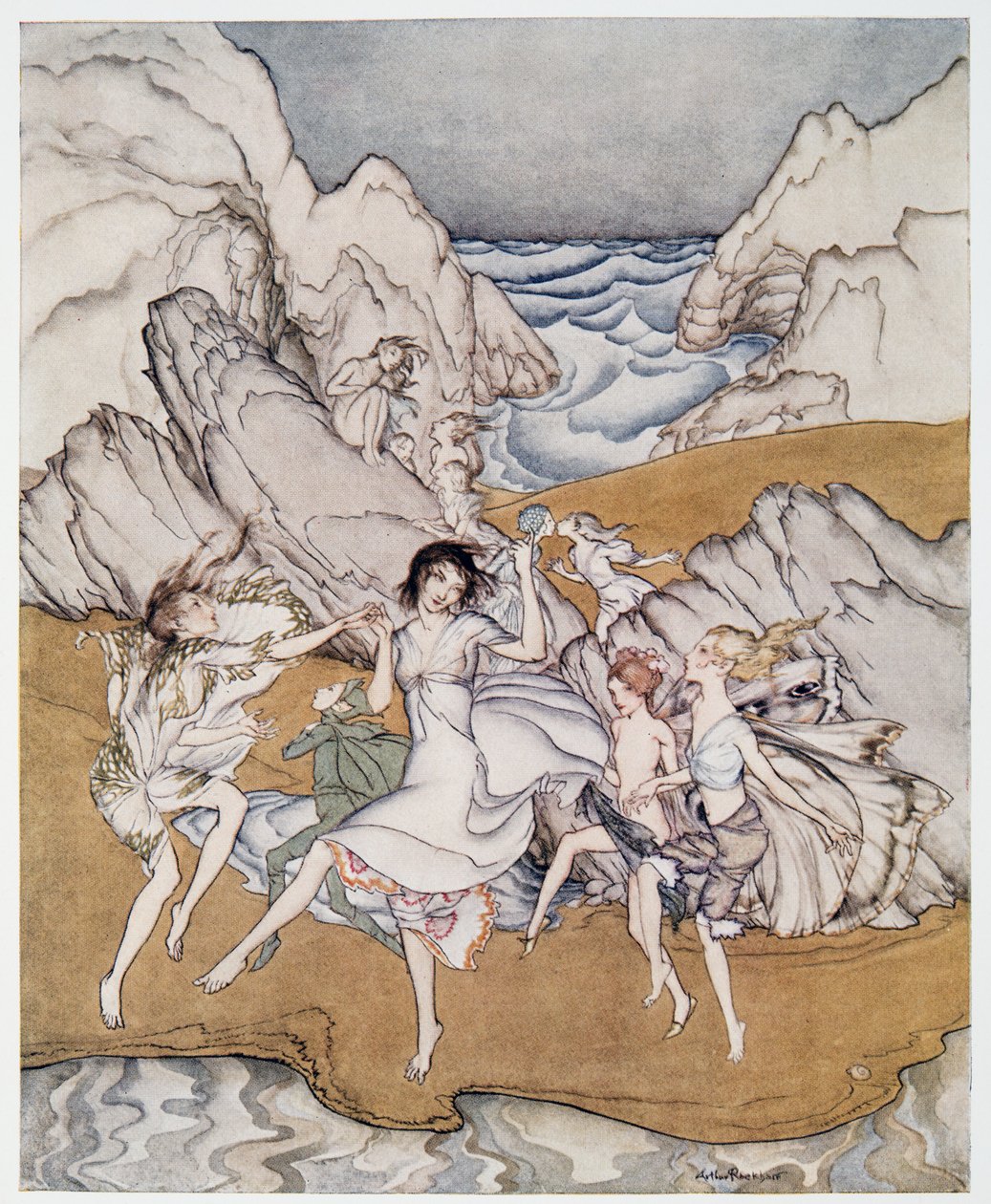 Kom naar deze gele zandstranden, illustratie uit William Shakespeares De Storm, uitgegeven 1926 door Arthur Rackham