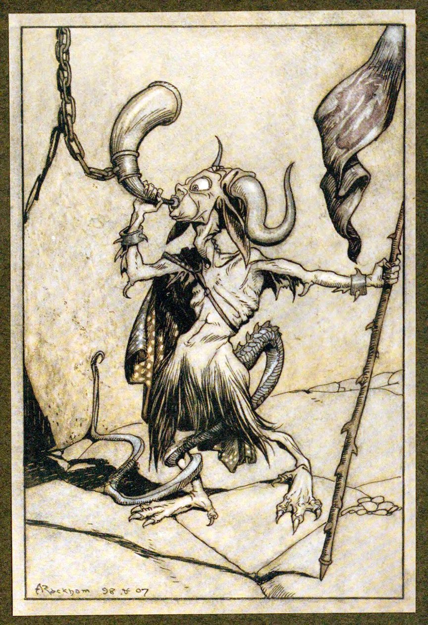 Voordat de hoorn bij de poort van de Barbican-toren werd geblazen met een luid twintig-trompettervermogen door Arthur Rackham
