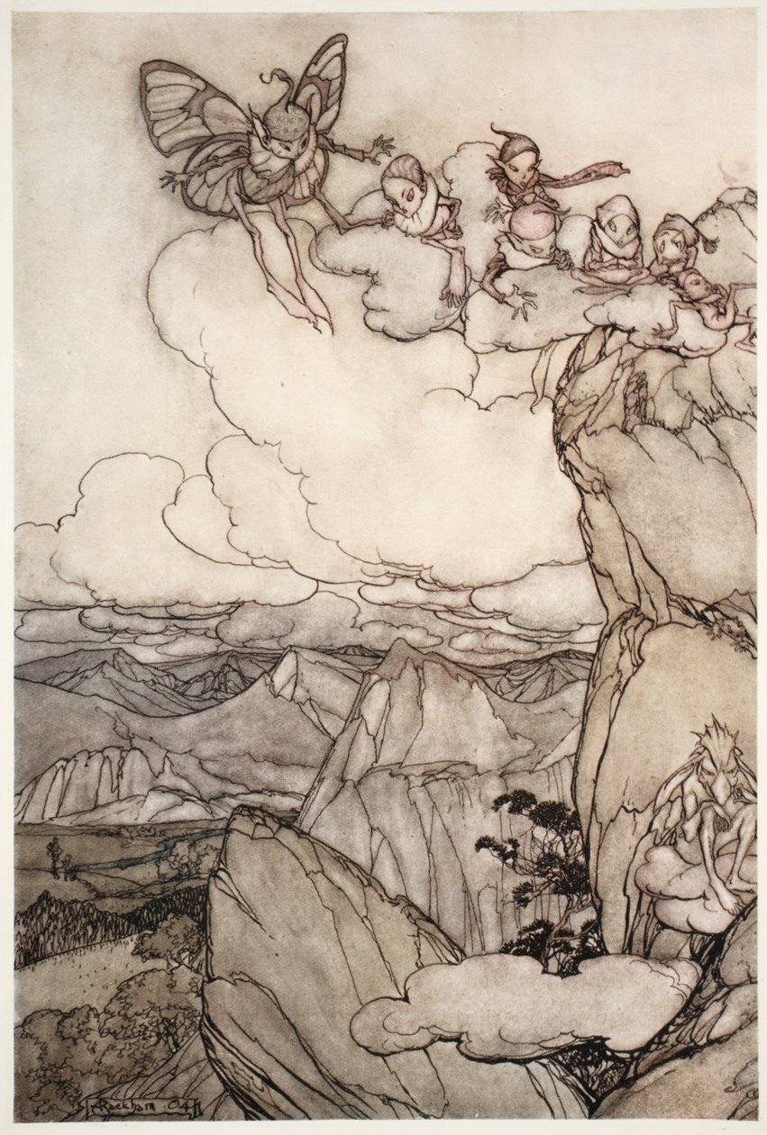 Feeën in bergen, uit Rip Van Winkle door Washington Irving, uitgegeven 1910 door Arthur Rackham
