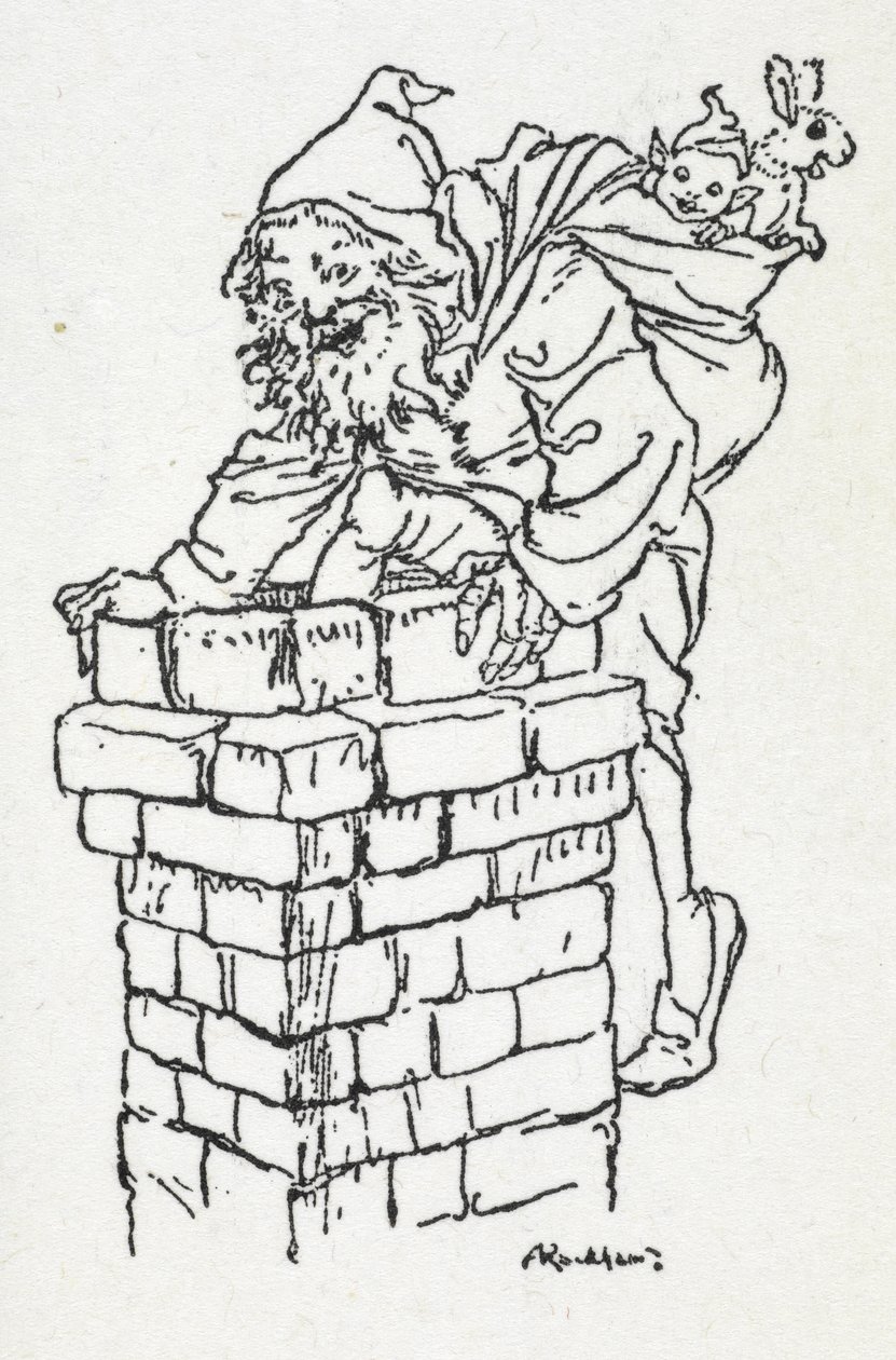 Kerstman die met een zak cadeaus door een schoorsteen klimt door Arthur Rackham